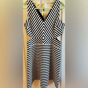 MICHAEL KORS  Black and White Geometric Midi Dress.  Size 16.  Side cut outs.